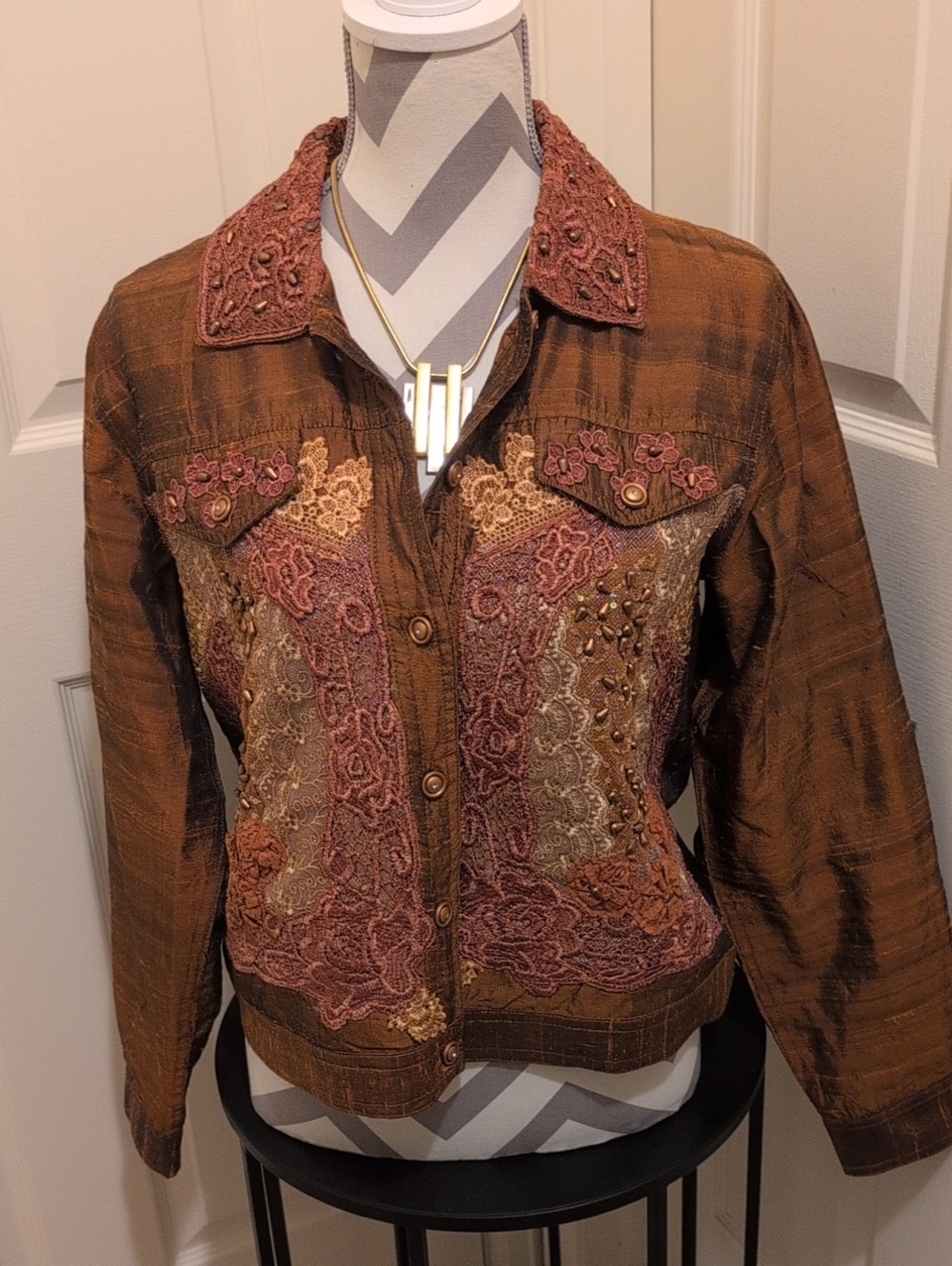 Coldwater Creek Brown & Rust Lace-Embellished Jean Jacket